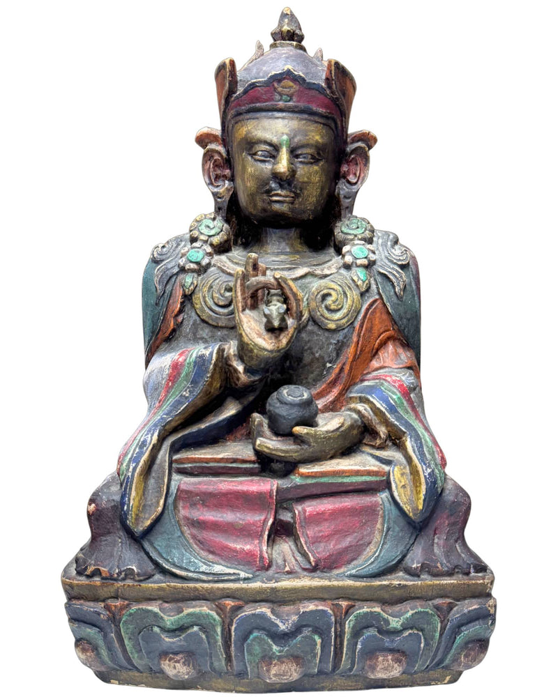 Rare statue en bois polychrome du XVIIe siècle représentant Karma Pakshi (2e Karmapa) – 44 cm – Consécration intacte