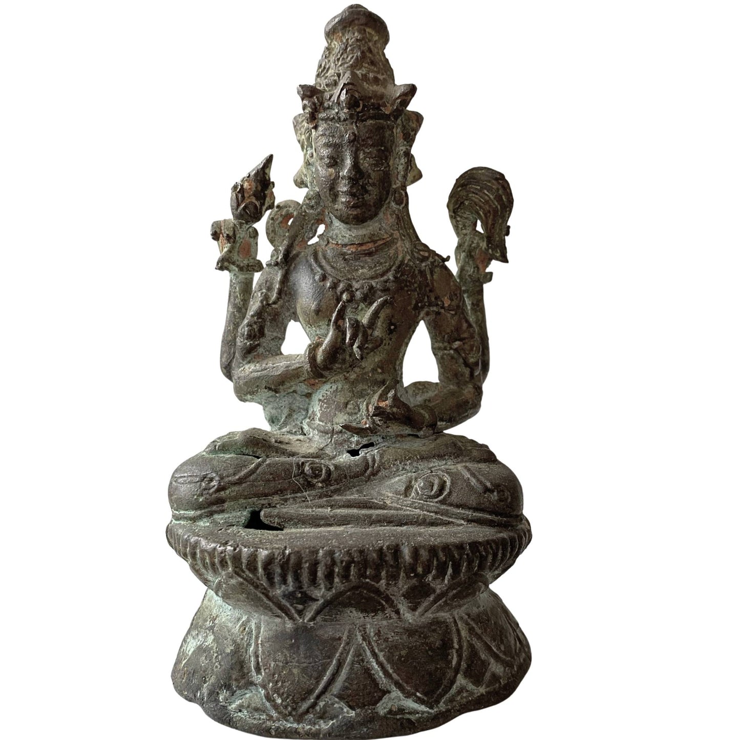 Antique Tibetan bronze Avalokiteshvara statue with four arms and Anjali Mudra hand gesture