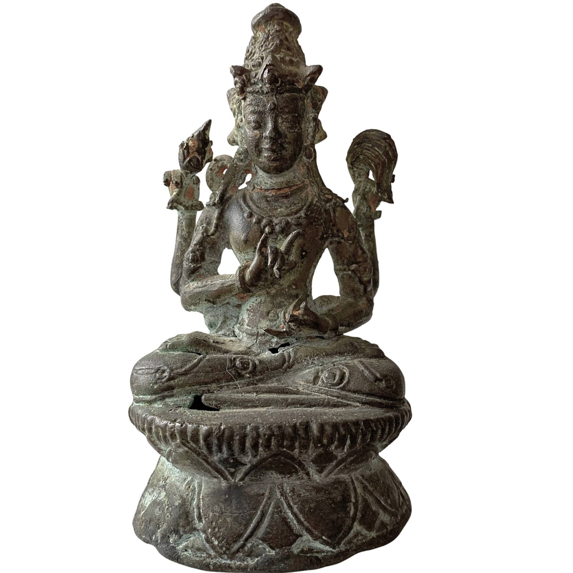 Antique Tibetan bronze Avalokiteshvara statue with four arms and Anjali Mudra hand gesture