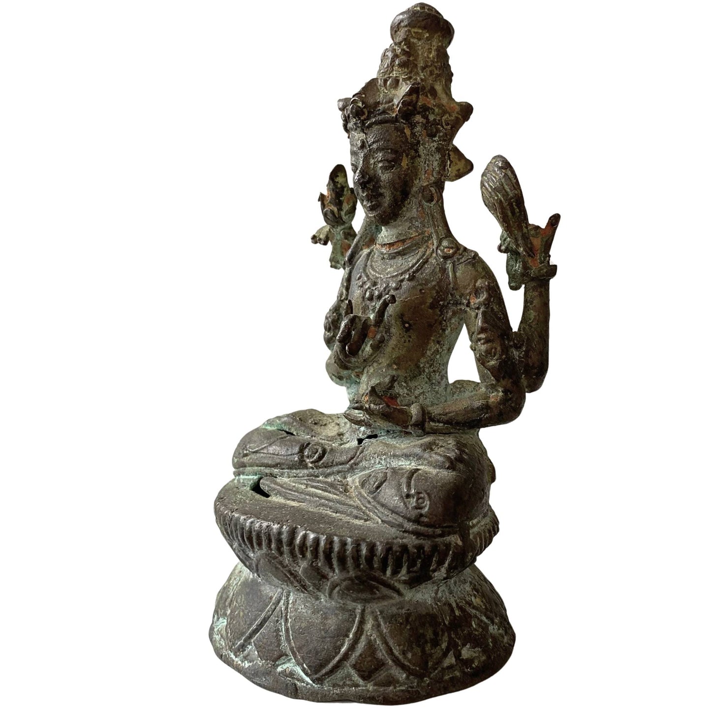 Detail of the double lotus base and casting quality of an 18th-century Tibetan bronze
