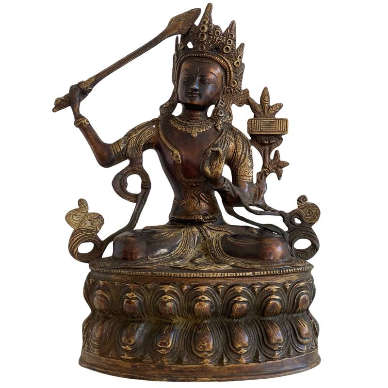 Antique Tibetan Manjushri statue in bronze with residual gilding
