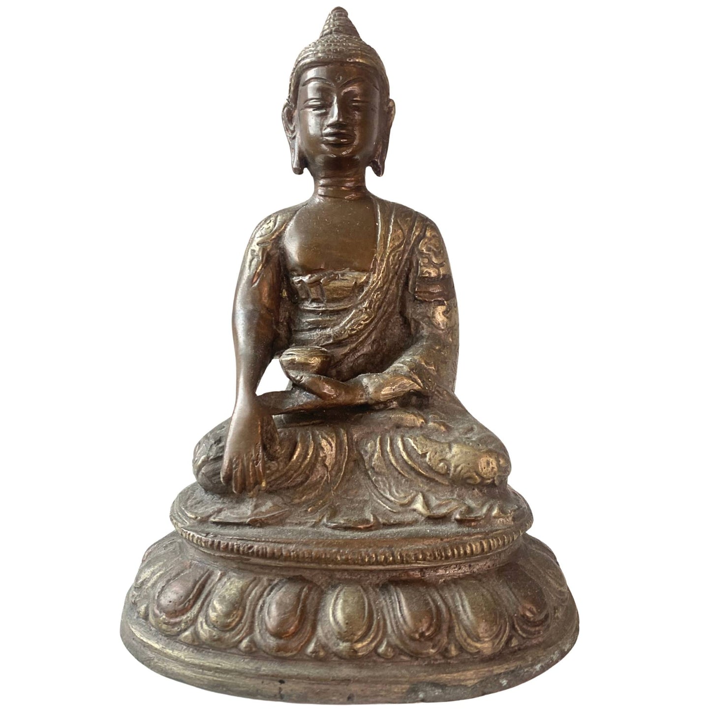 Front view of an antique fire-gilded Burmese bronze Buddha.