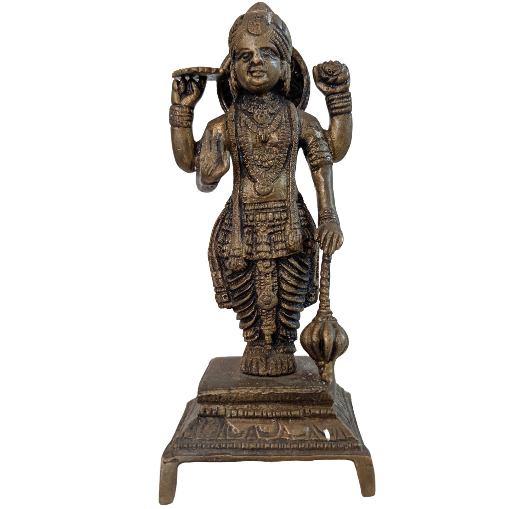 Antique South Indian bronze statue of Lord Vishnu with Sudarshana Chakra and Shanka on the front