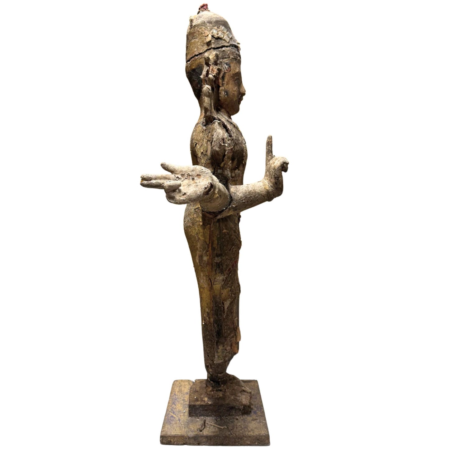 Antique South Indian wooden temple statue with original weathering and sacred appearance