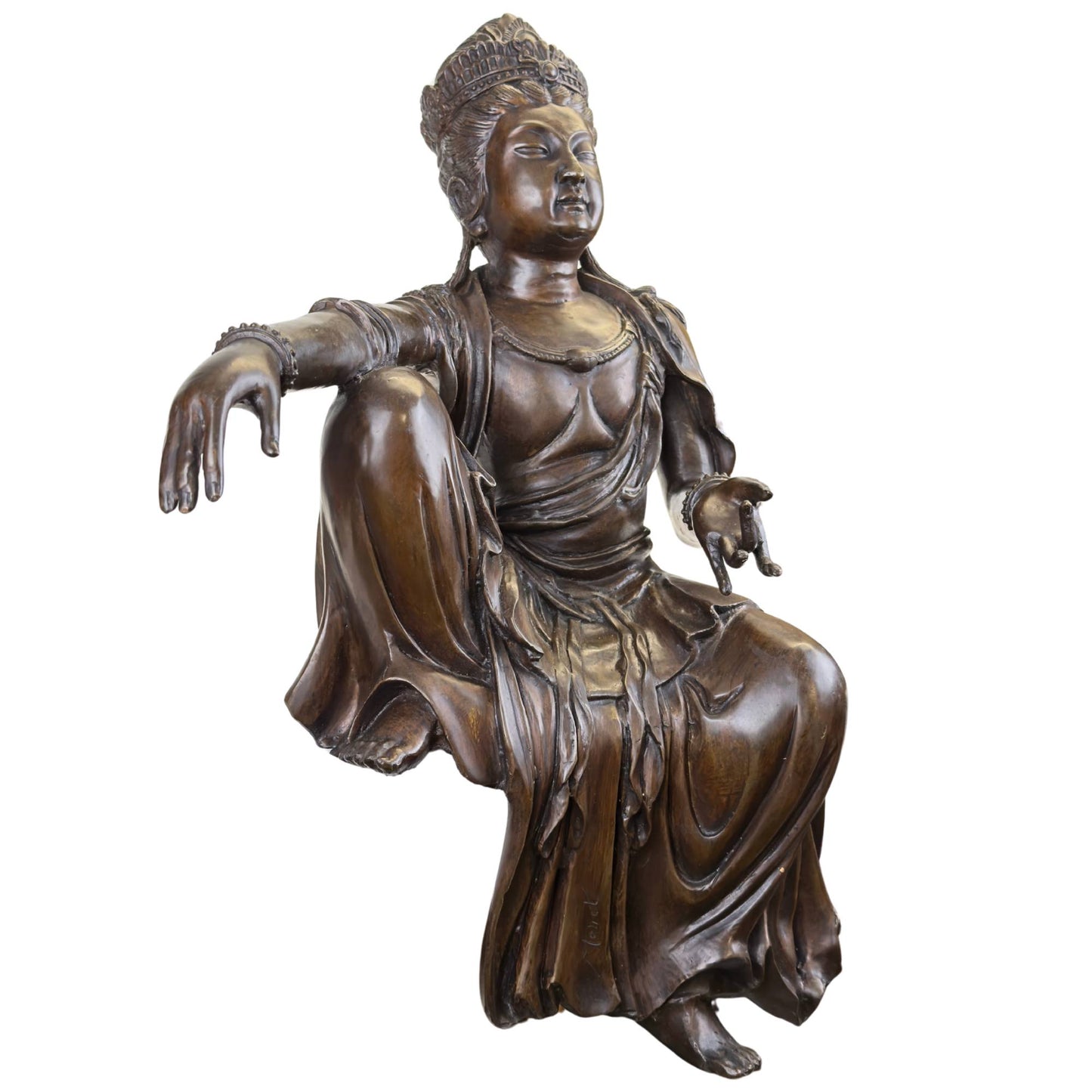 Monumental French antique bronze statue of Guanyin seated in Lalitasana royal pose with a brown gold-gloss patina.