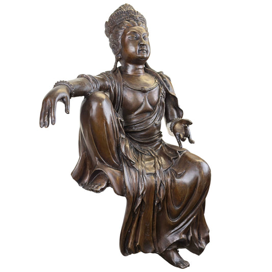 Monumental French antique bronze statue of Guanyin seated in Lalitasana royal pose with a brown gold-gloss patina.