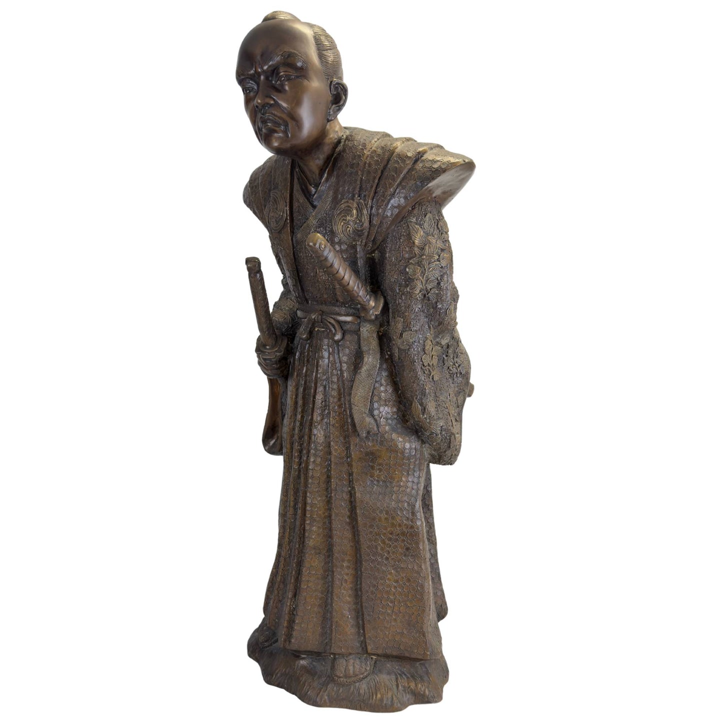 Three-quarter frontal view of the bronze Samurai in his ceremonial war stance with the Daisho swords prominently visible.