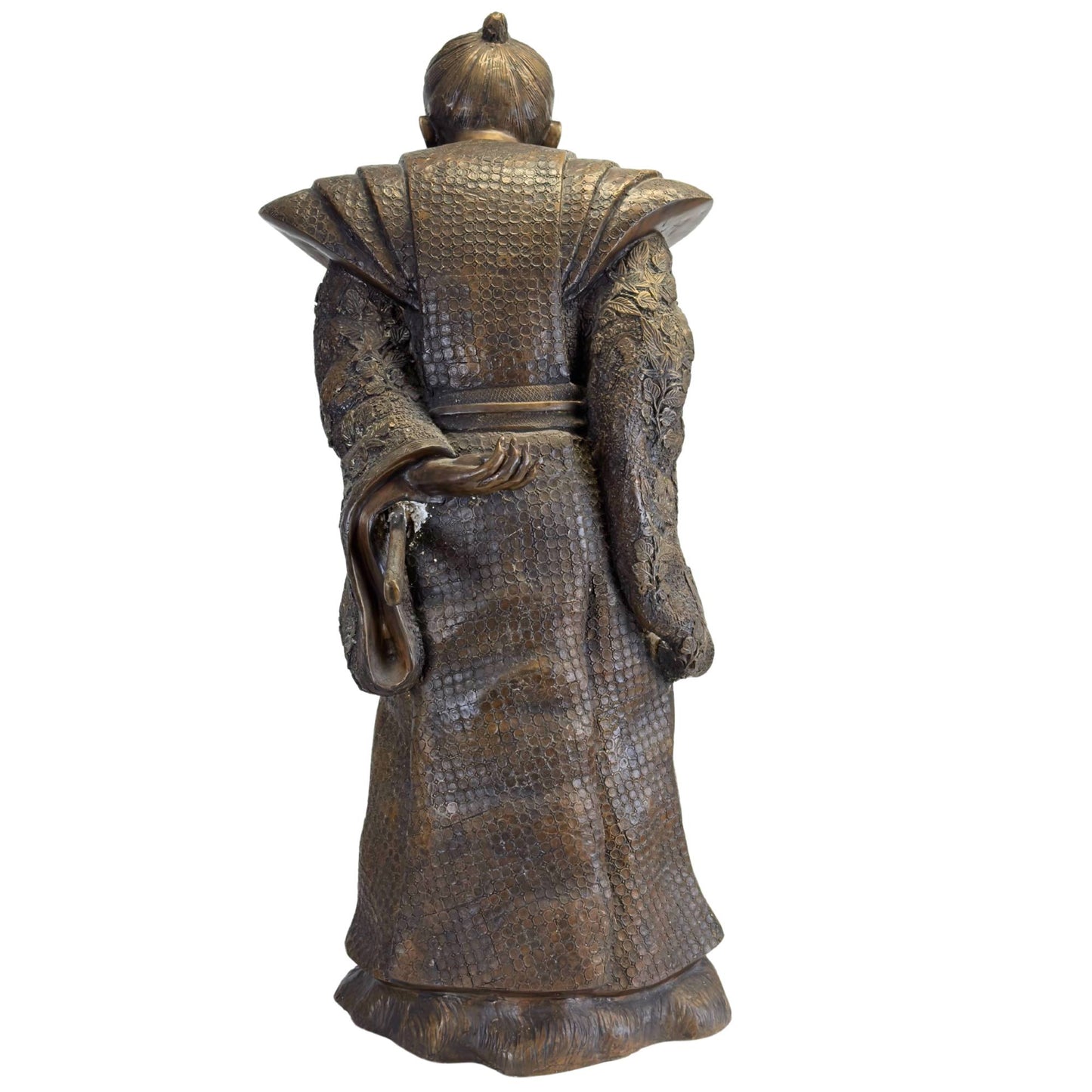 Full rear view of the solid bronze Samurai statue with the deep chestnut brown patina.