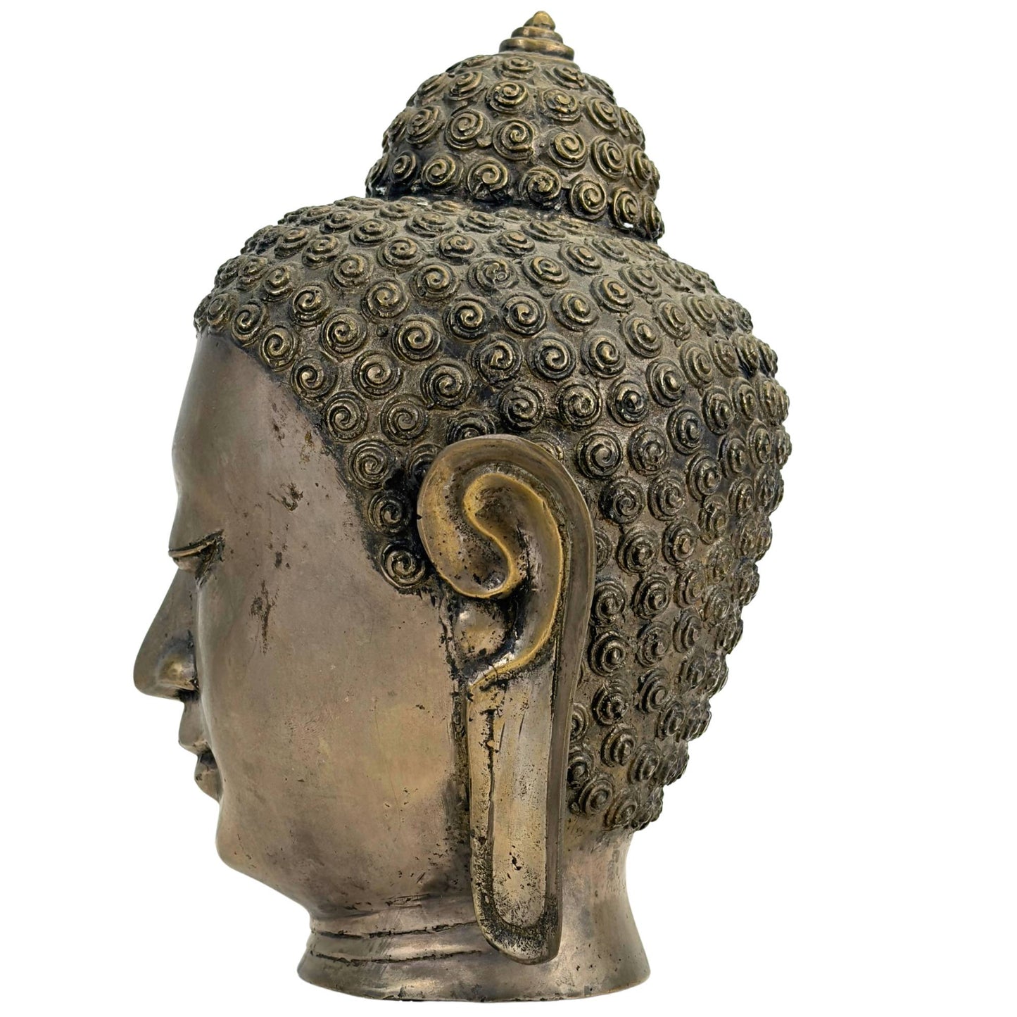Full left profile view of the hand-cast Thai Buddha sculpture accentuating the sublime Ushnisha and the sharp jawline.