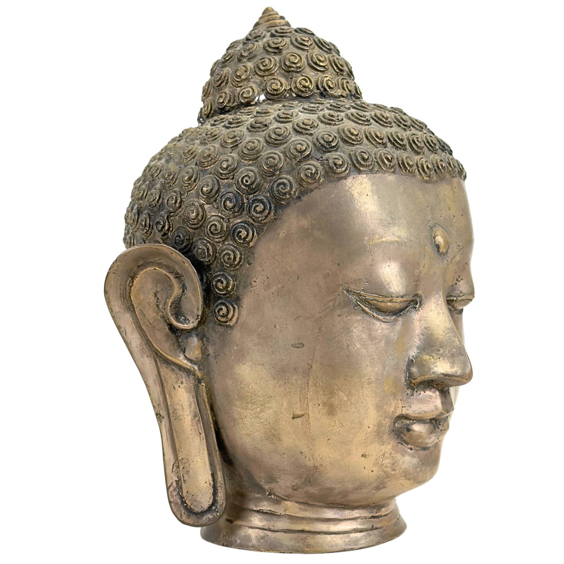 Front view of the hand-cast brass-bronze Thai Buddha head in classic Sukhothai style with a serene gaze and gold-brown patina.