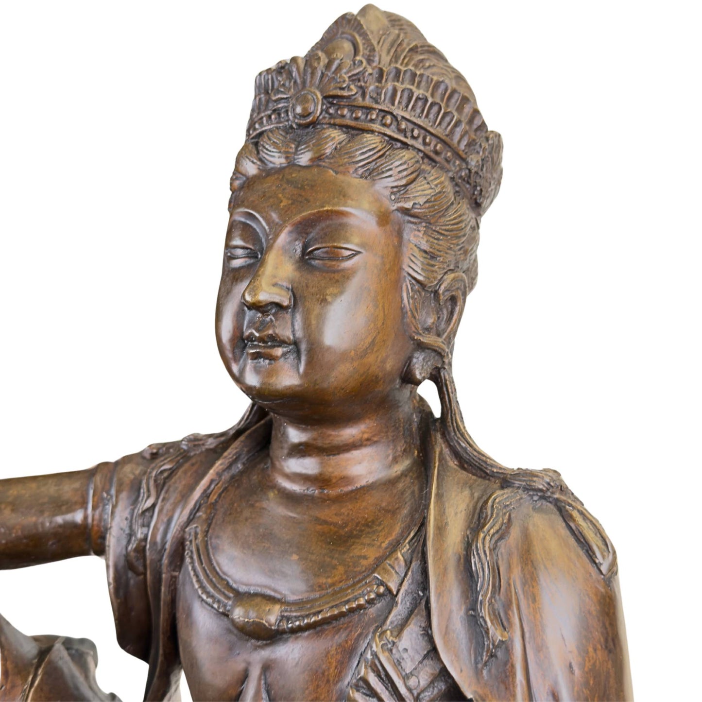 Close-up of the finely cast hand and the jewelry of the antique French bronze Guanyin.