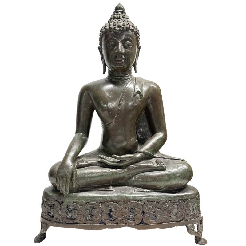 Bouddha Shakyamuni monumental en bronze coulé du XIXe siècle sur trône d'autel ajouré – Lan Na / style tibétain (52 cm) - Thais Boeddhabeeld