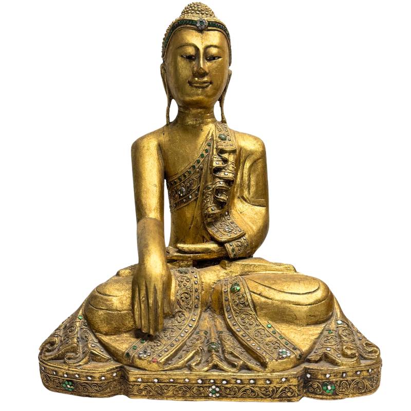 Bouddha de Mandalay birman du XIXe siècle, qualité muséale – Teck massif (50,5 cm)