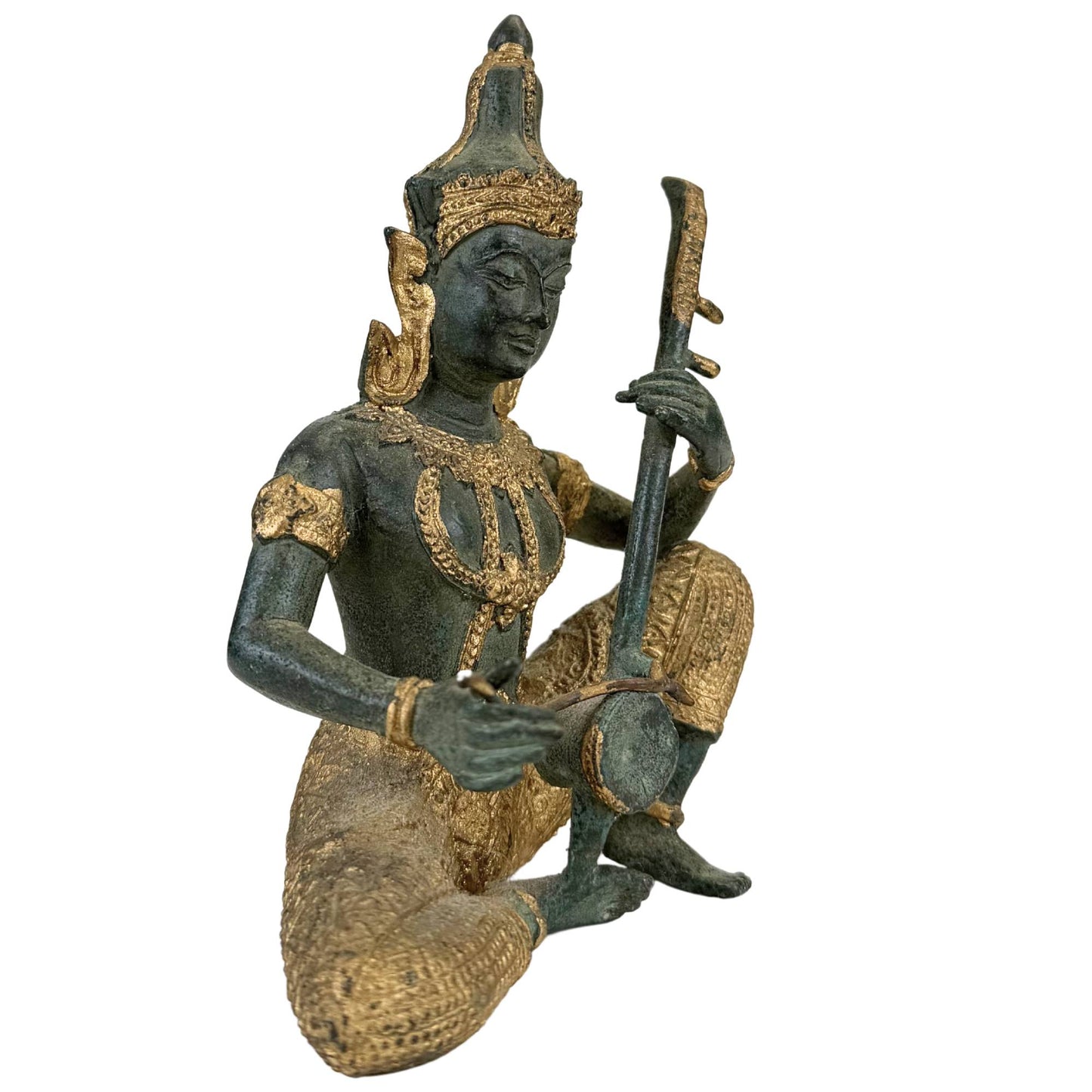 antique Asian art statue Thai string instrument bronze