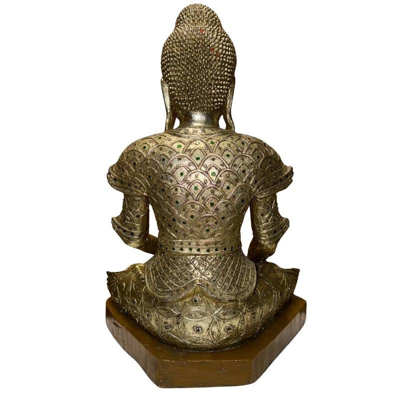 Antique Burmese Buddha with glass decoration, gilding and spiritual appearance