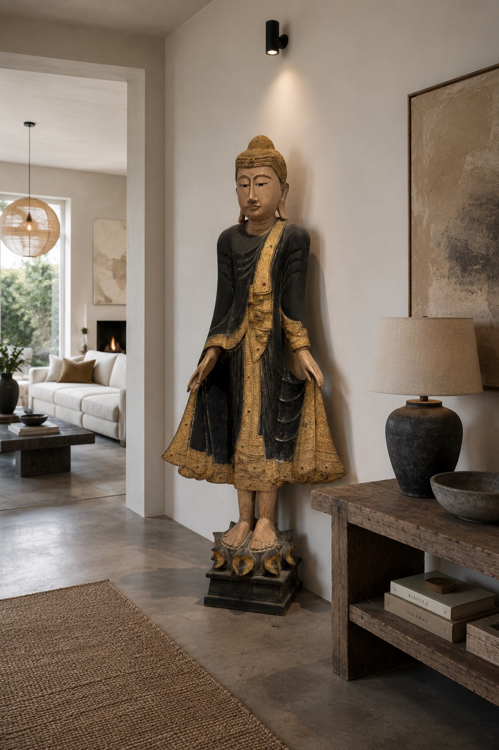 Antique Burmese Buddha, 190 cm tall, rare standing temple statue with inlaid eyes and rich robe