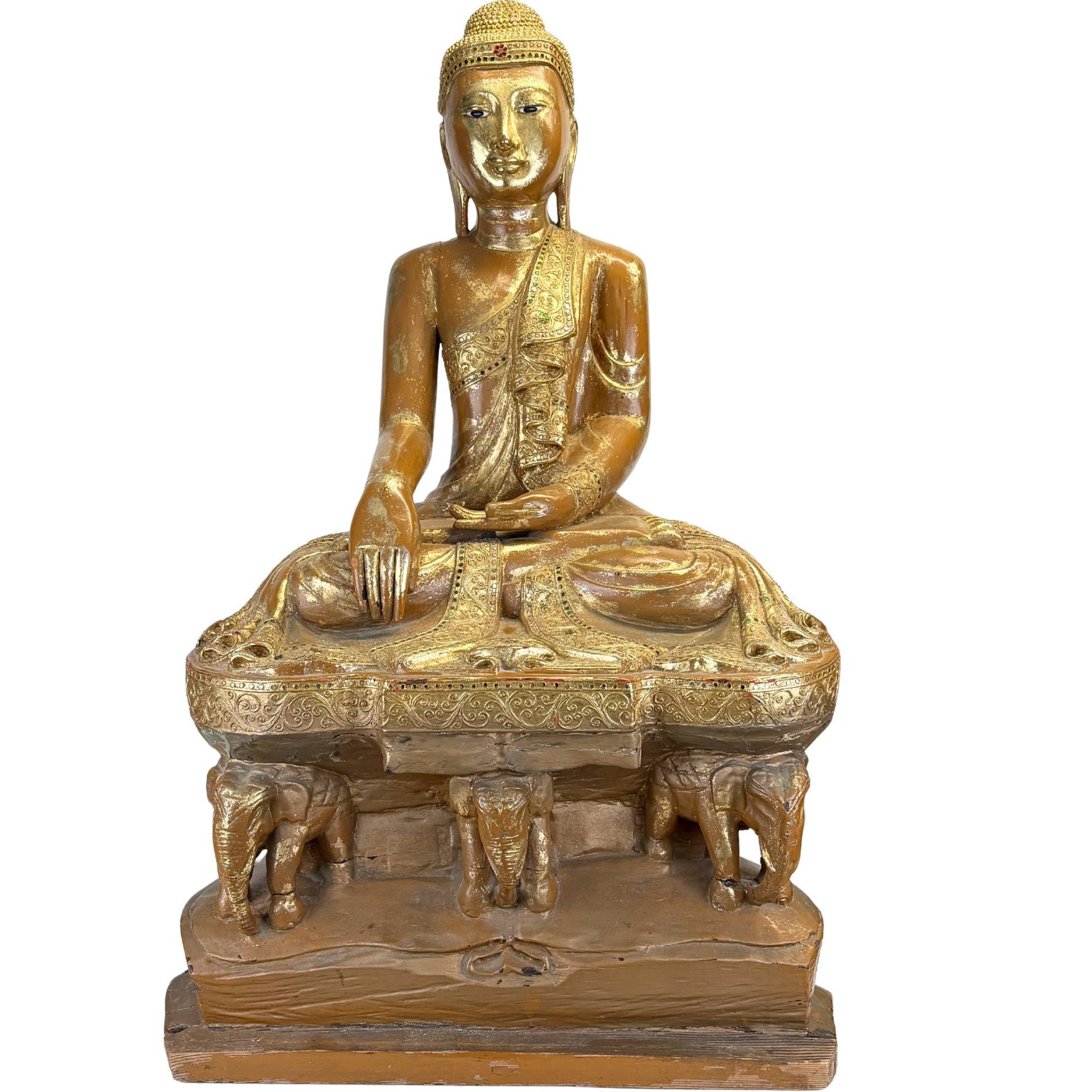 Antique Burmese Buddha with gold lacquer, inlaid decorative band, and finely detailed hair texture, large in the old style.