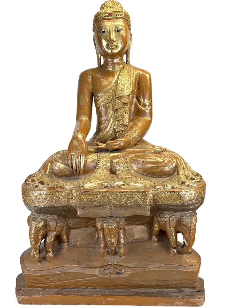 Bouddha monumental en bois de Birmanie, 95 cm | 32 kg | Yeux incrustés