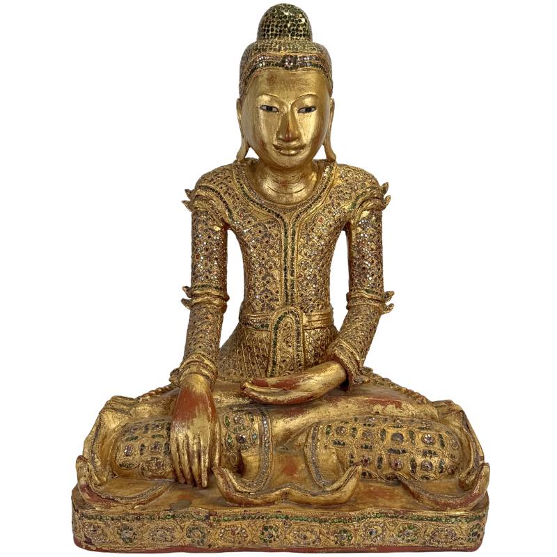 antique Burmese Buddha wood gilded glass inlay authentic statue Myanmar 19th century