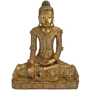Bouddha Jambupati birman antique avec incrustations de verre, 57 cm de haut.