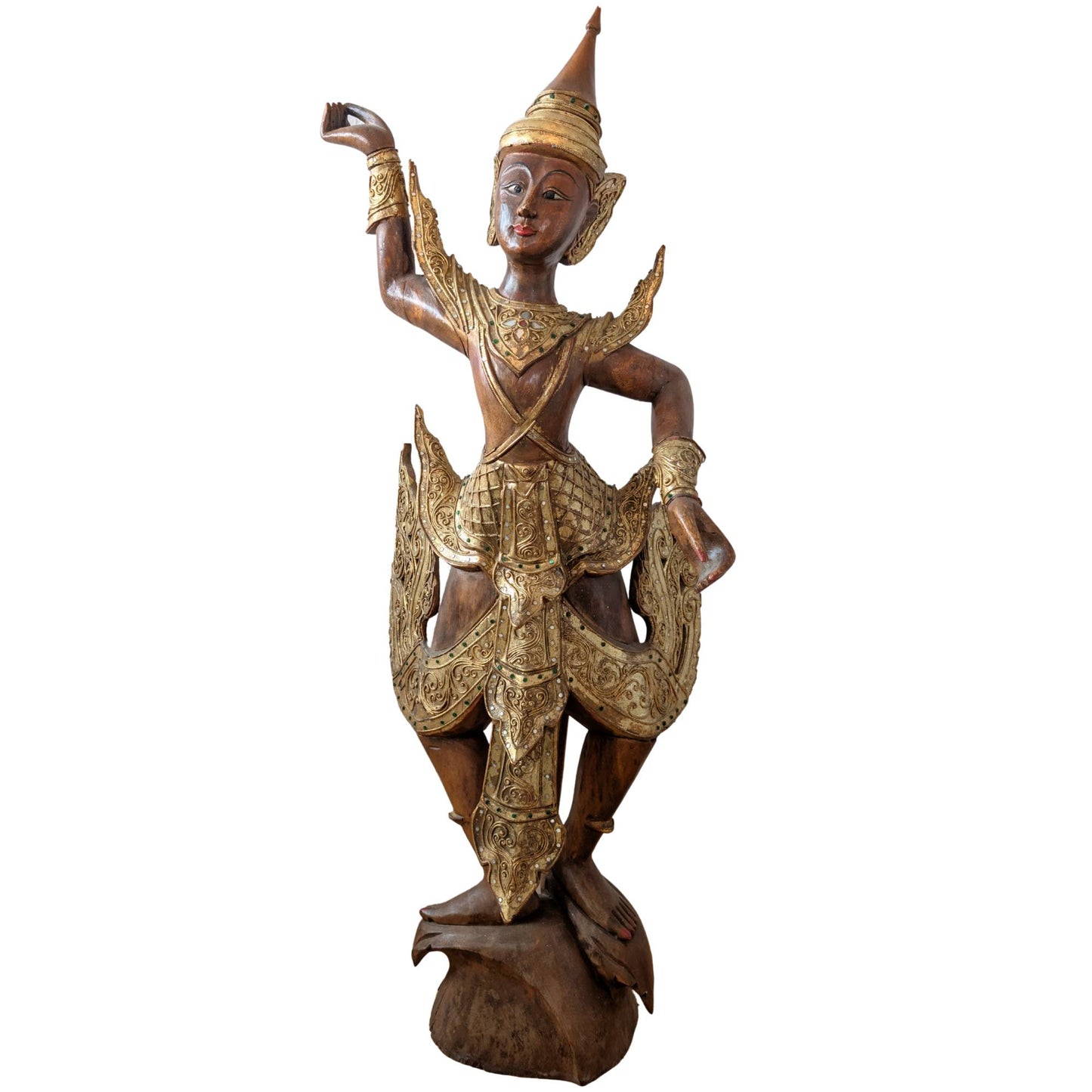 Large hand-carved Burmese Kinnara sculpture, 112 cm high.