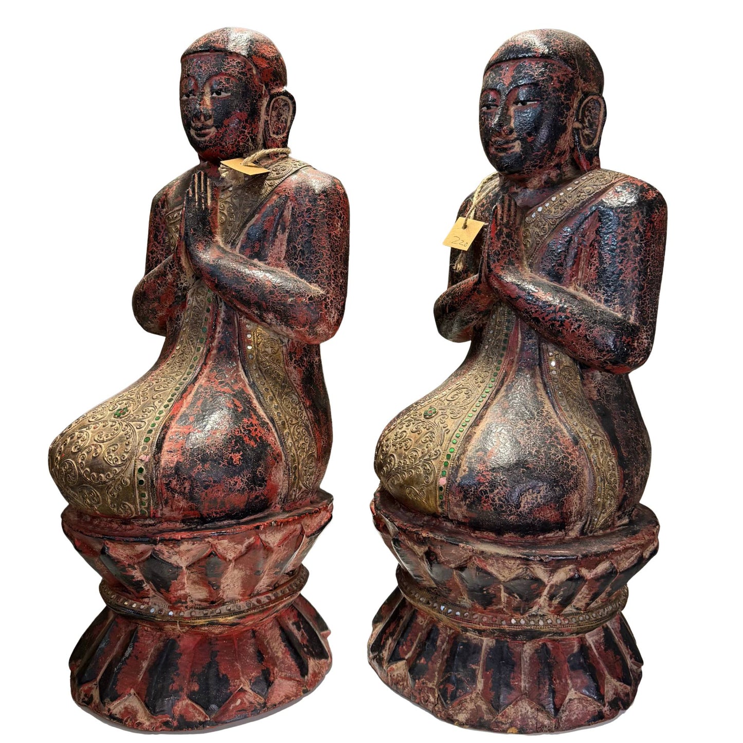 Set of two antique Burmese monks in the refined Mandalay style.