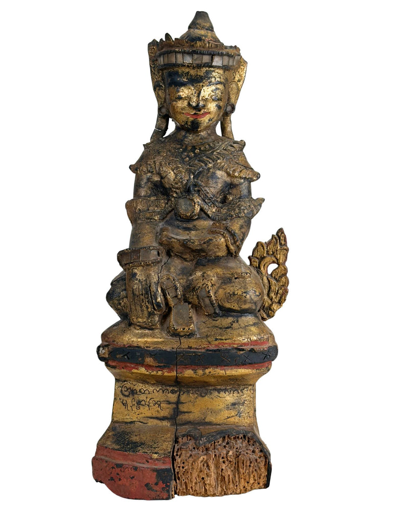 Statue antique birmane d'esprit Nat – Statue de temple en bois doré, Myanmar, vers 1900