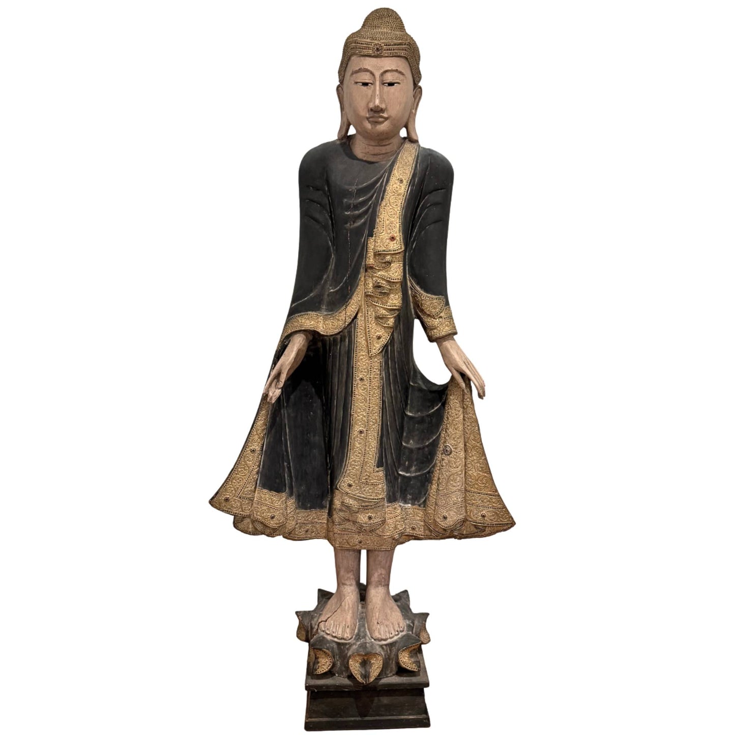 Antique Burmese standing Buddha from the 19th century, large wooden temple statue with inlaid eyes and richly decorated robe