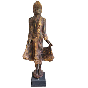 Monumental Antique Standing Buddha from Myanmar – Temple Sculpture in Teak Wood (166 cm)