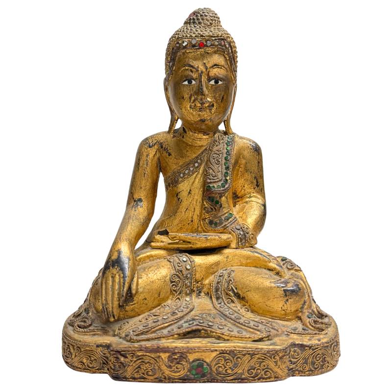 Bouddha Mandalay en teck de Birmanie antique - XIXe siècle - 27 cm (Qualité supérieure)