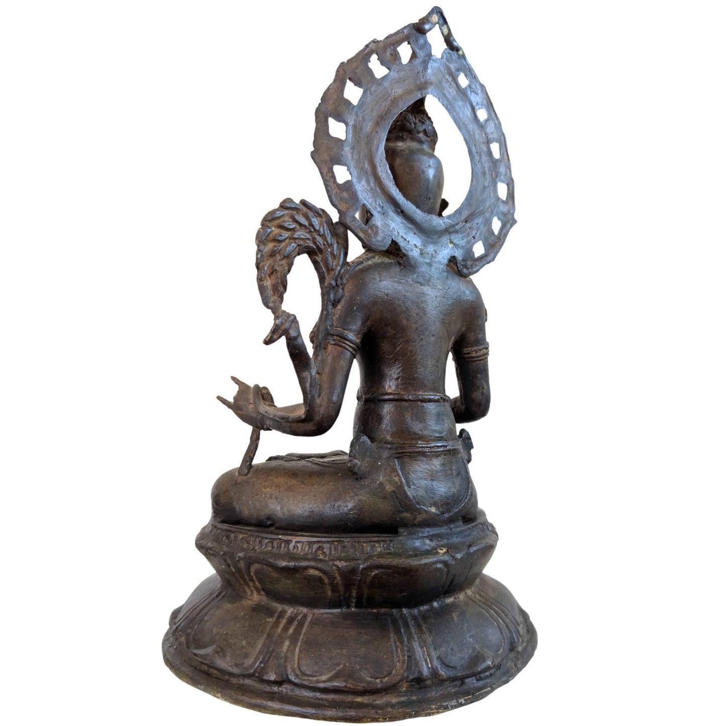 Antique bronze bodhisattva with lotus base and ornate crown