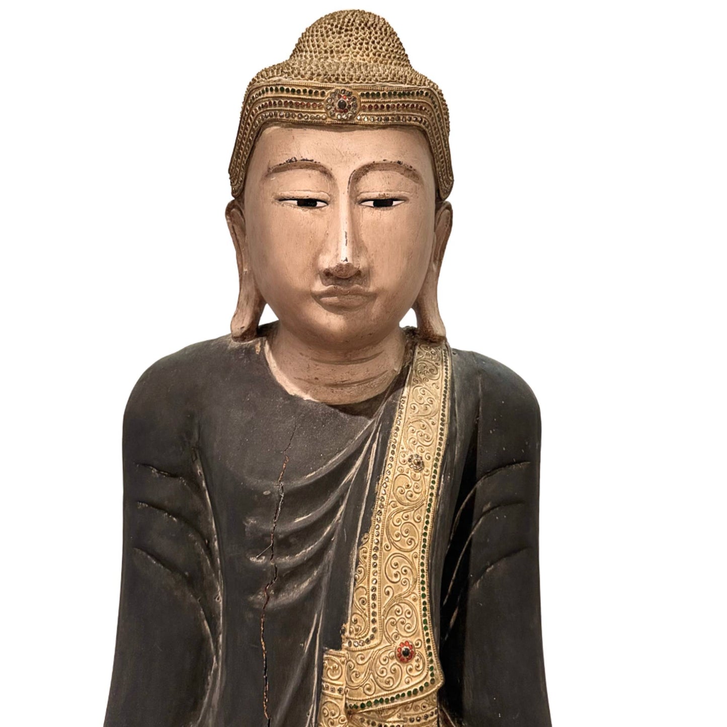 Antique Buddha from Burma, museum-quality wooden masterpiece of monumental height, inlaid eyes, and richly decorated clothing