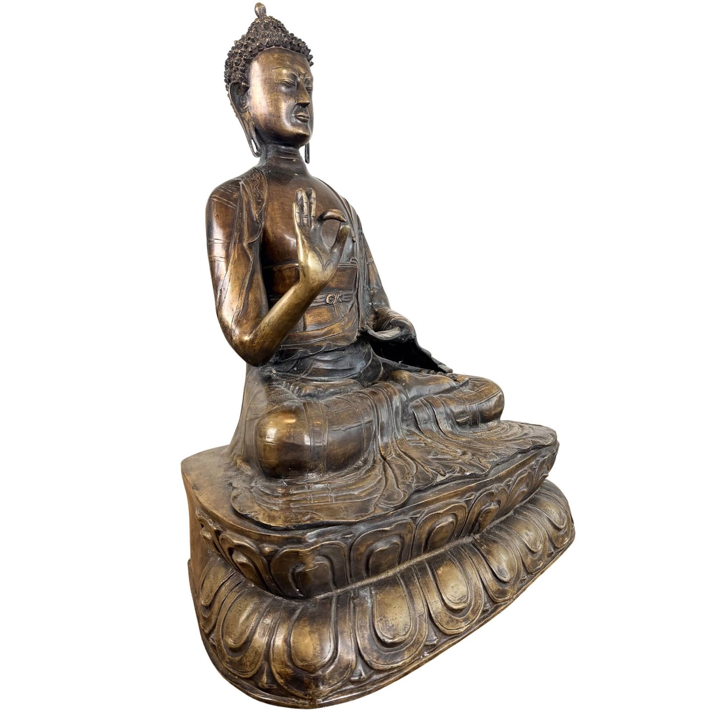 Antique bronze Buddha on a double lotus base with a hand-finished finish