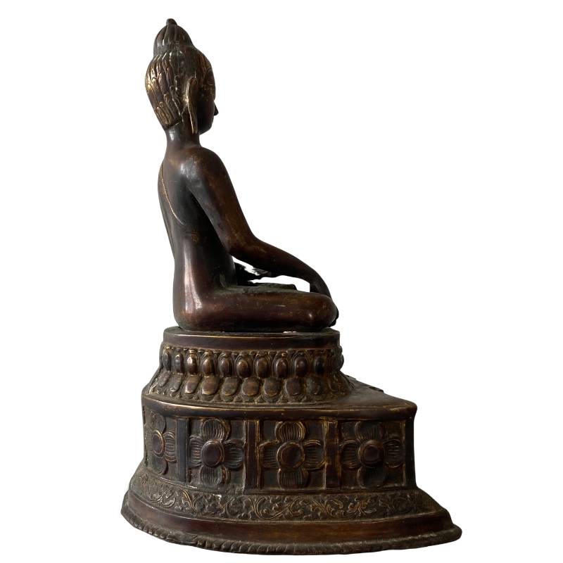 Antique Himalayan bronze Buddha with layered patina and mineralization, dhyana mudra