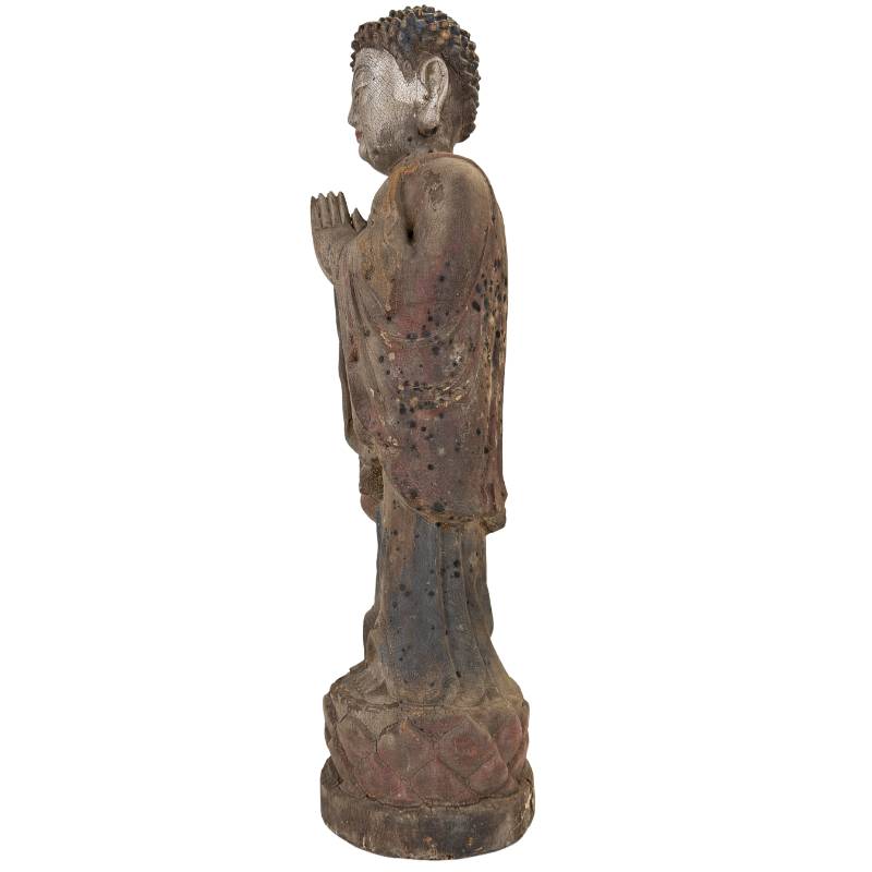 Antique wooden Buddha with polychromy and crackle surface