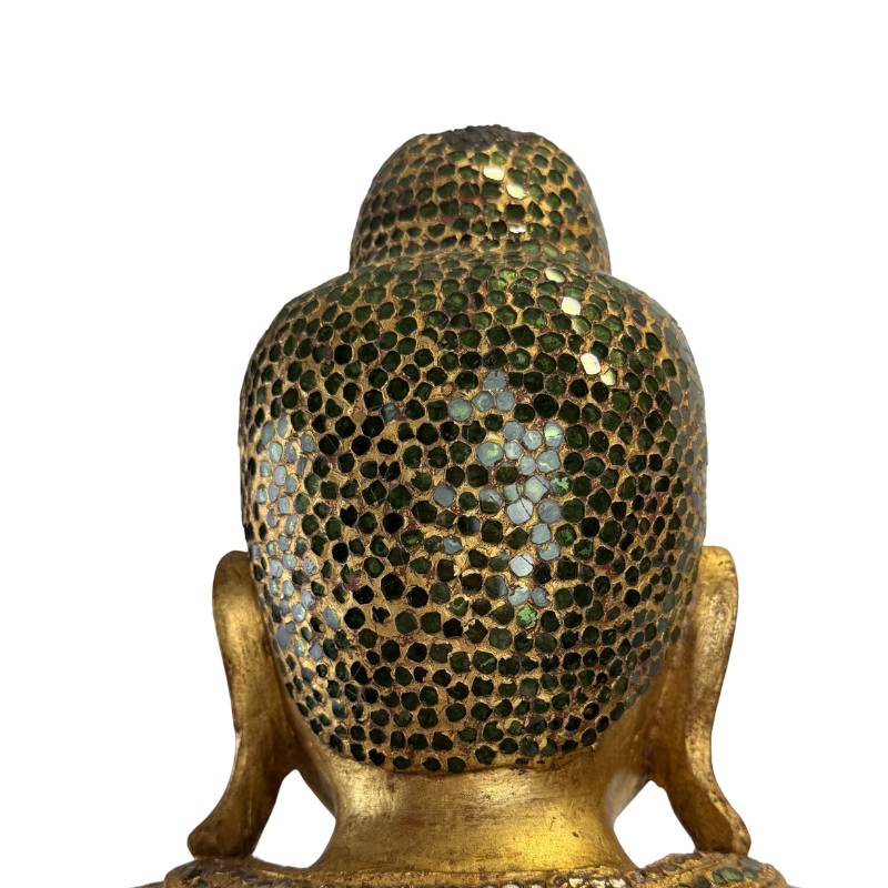 antique Buddha glass inlay gilded wood fully covered statue