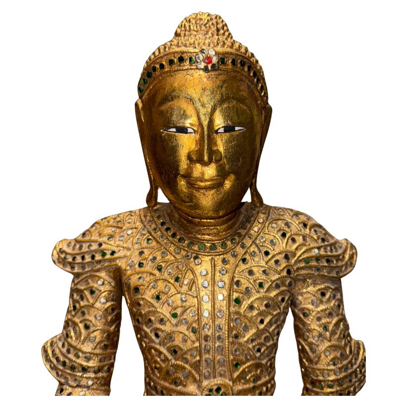 Antique Buddha from Myanmar with glass bead gilding and traditional Mandalay appearance