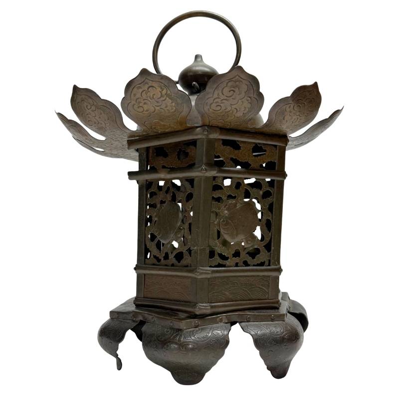 Antique Buddhist hanging lantern, bronze temple object with lotus-shaped rim and authentic age patina