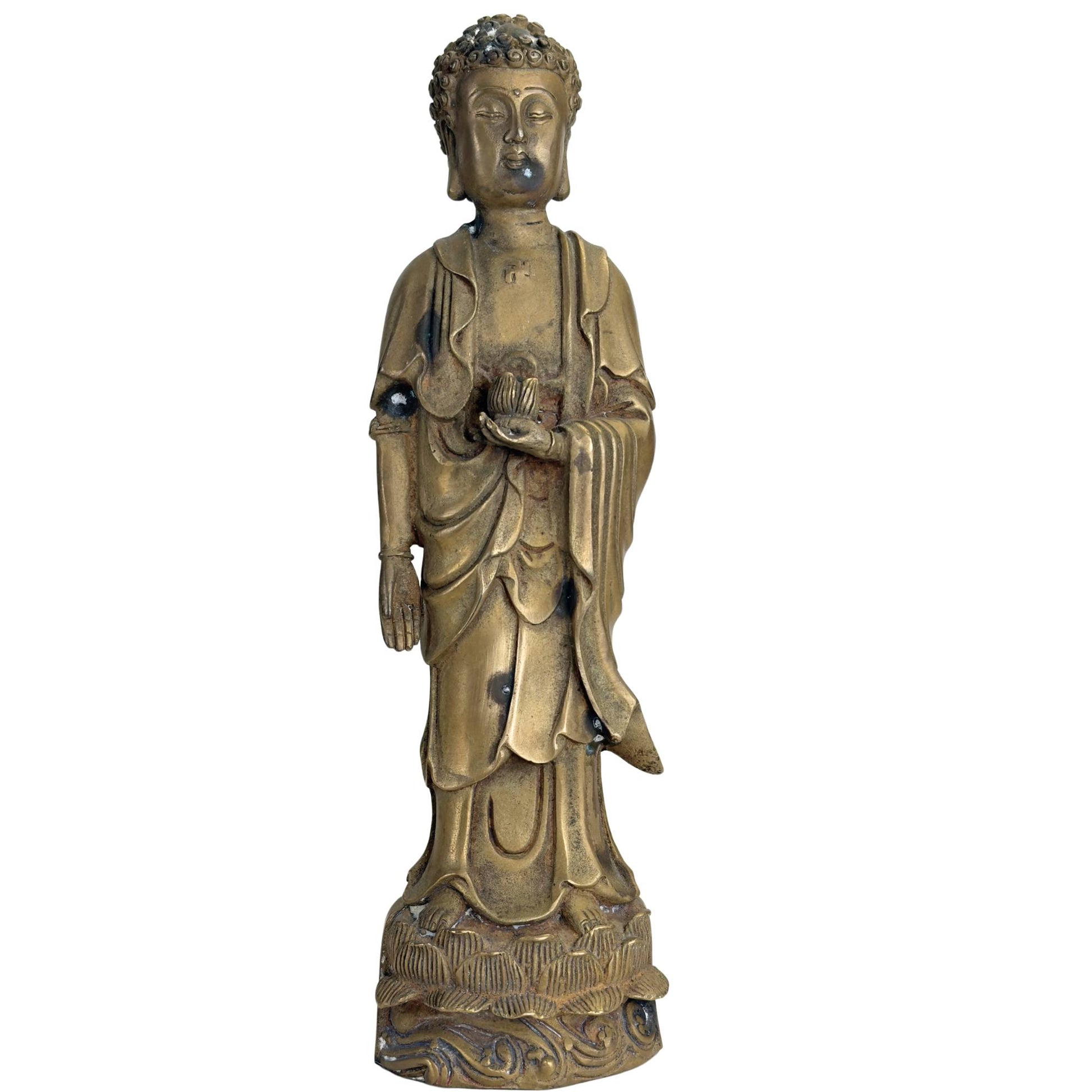 Antique bronze Amitabha Buddha with lotus bud and Qing mark, Chinese Buddhist statue with golden-brown patina