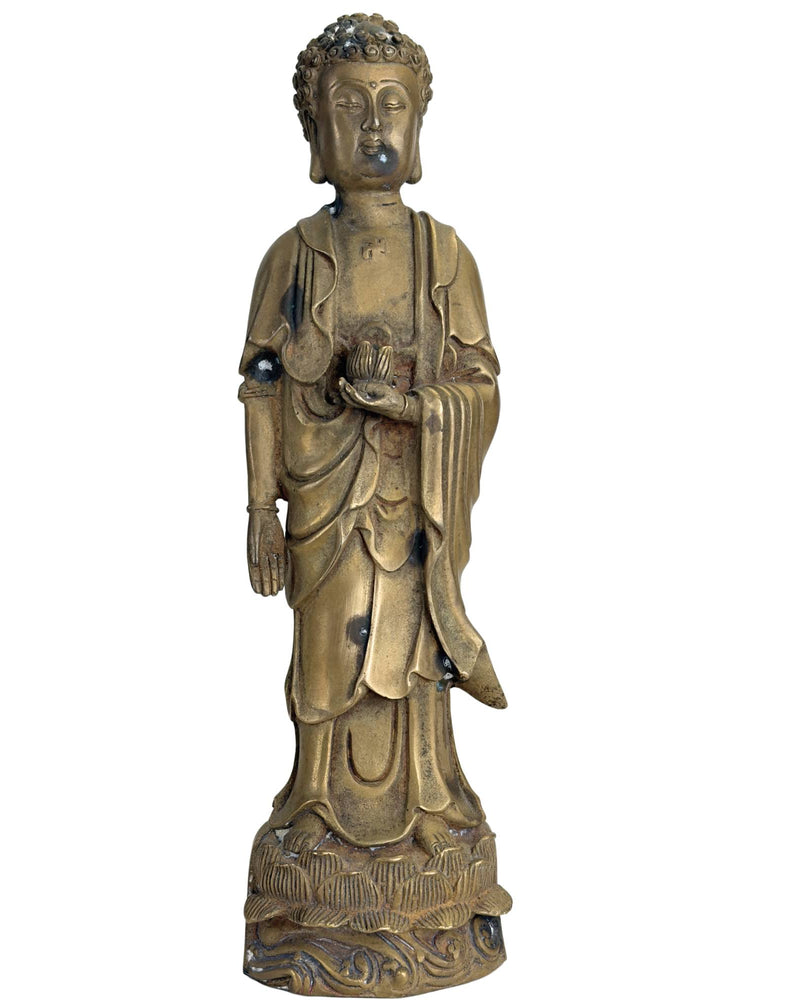 Bouddha Amitabha en bronze antique avec bouton de lotus et marque Qing en dessous.