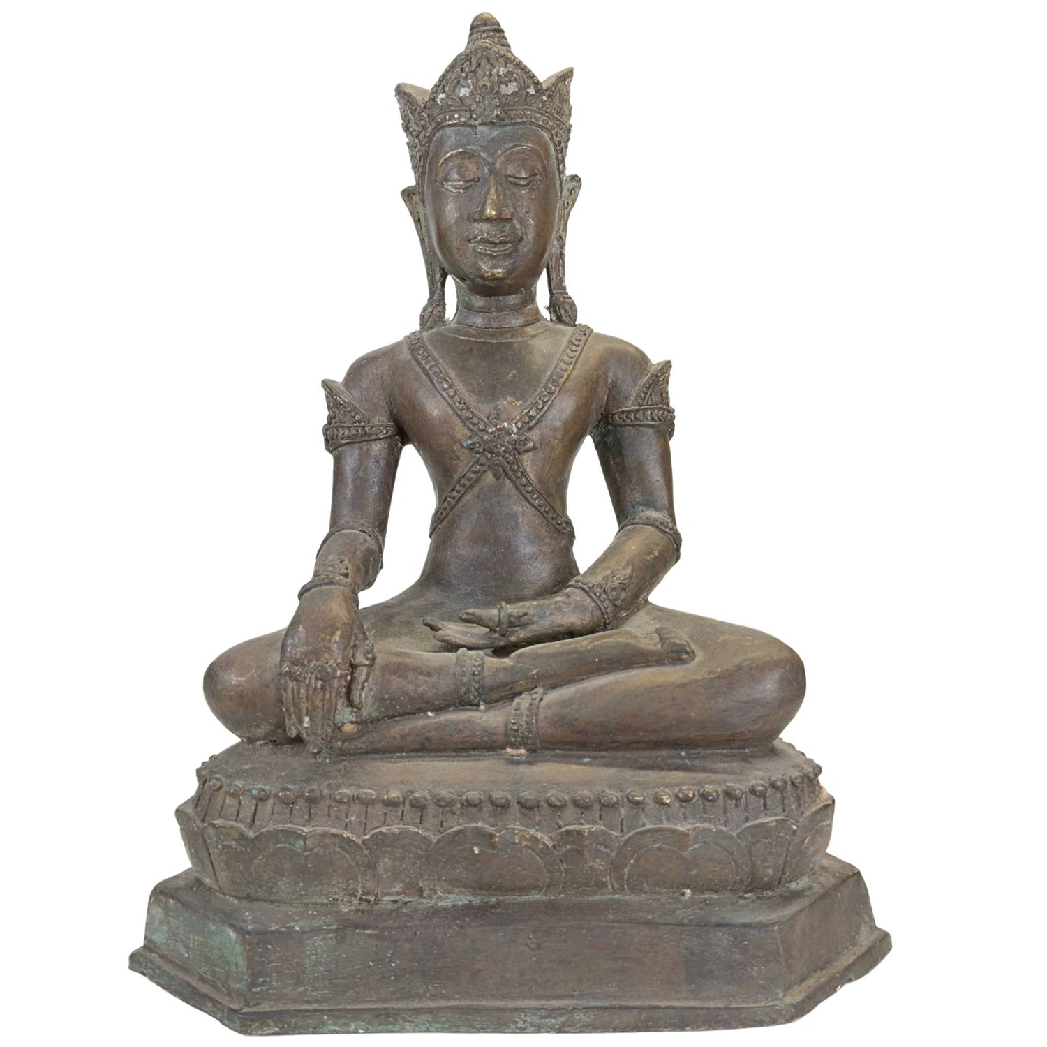 Bouddha antique en bronze couronné, provenant de Thaïlande, avec un socle à double lotus.