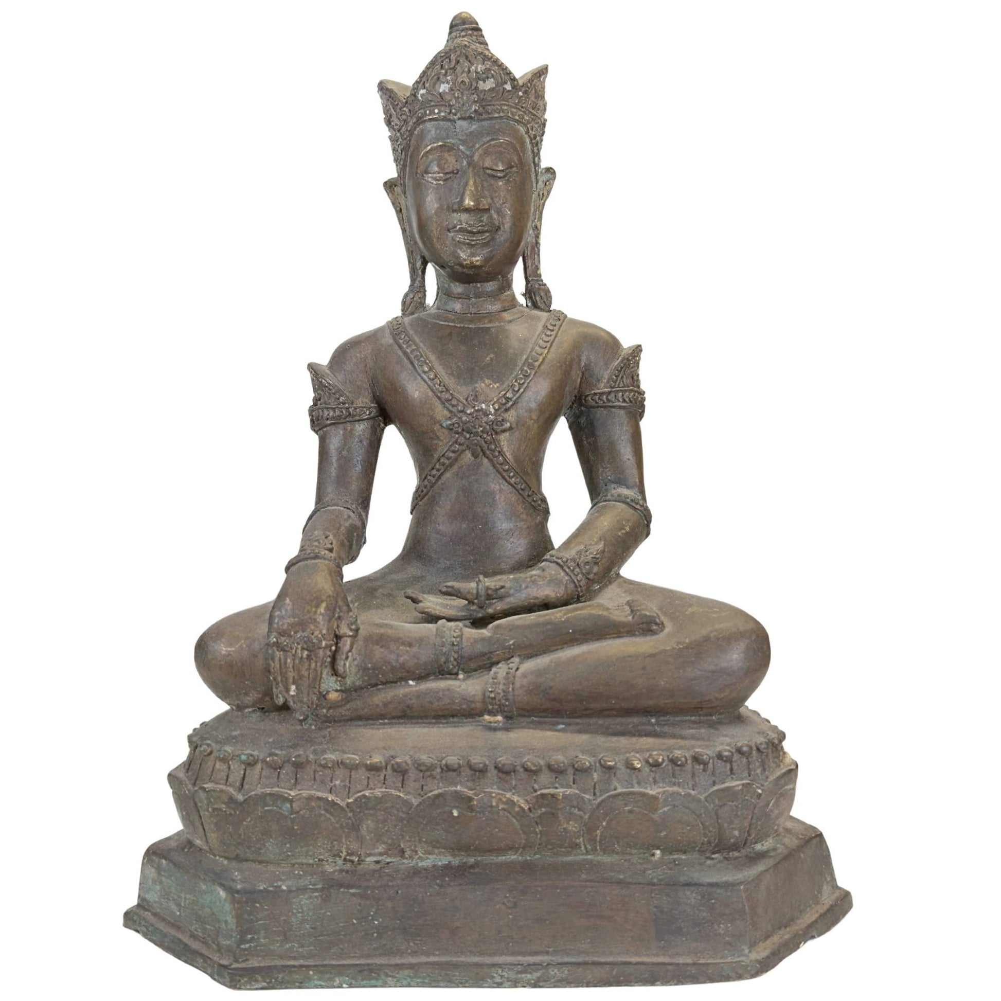 Antique bronze crowned Buddha from Thailand with double lotus base