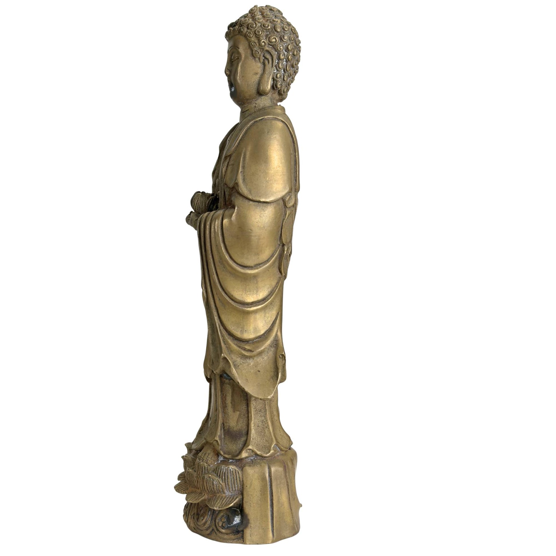 Antique Chinese bronze Buddha with elaborate hair curls, urn, and soft golden-brown patina