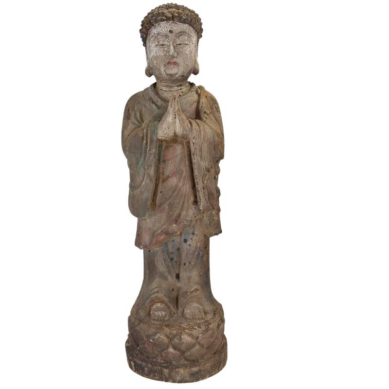 Antique Chinese wooden Buddha statue in Anjali mudra from the Qing period