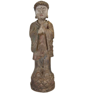 Statue de Bouddha en bois de Chine, avec une authentique polychromie d'origine et des vestiges de dorure.