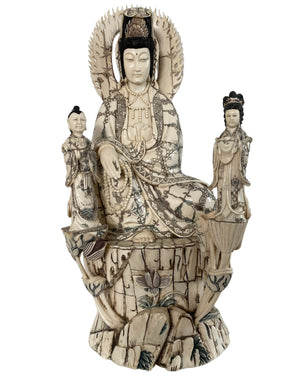 Antique Chinese Kwan Yin with Shancai & Longnü – Late Qing Dynasty – 60 cm