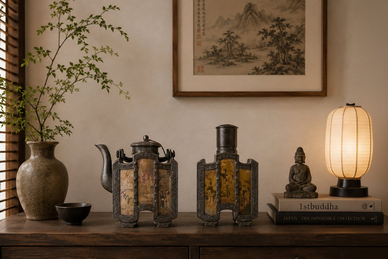 Antique Chinese tea caddy with geometric meander borders and relief work