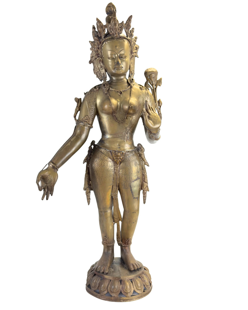 Grande Tara Verte antique en bronze doré au feu – Népal, probablement fin XVIIIe ou XIXe siècle (100 cm) - Statue de Bouddha Nepalaise