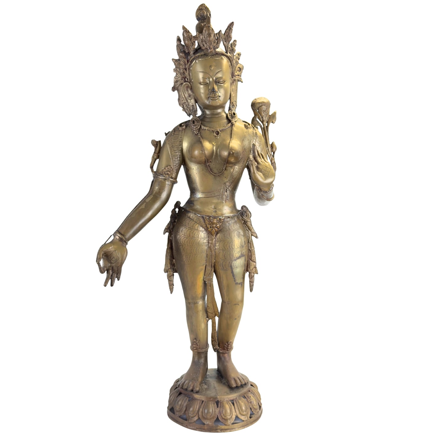 Antieke Groene Tara uit Nepal, waarschijnlijk 18e eeuw, met resten van vuurvergulding en lotusstengel, vooraanzicht.