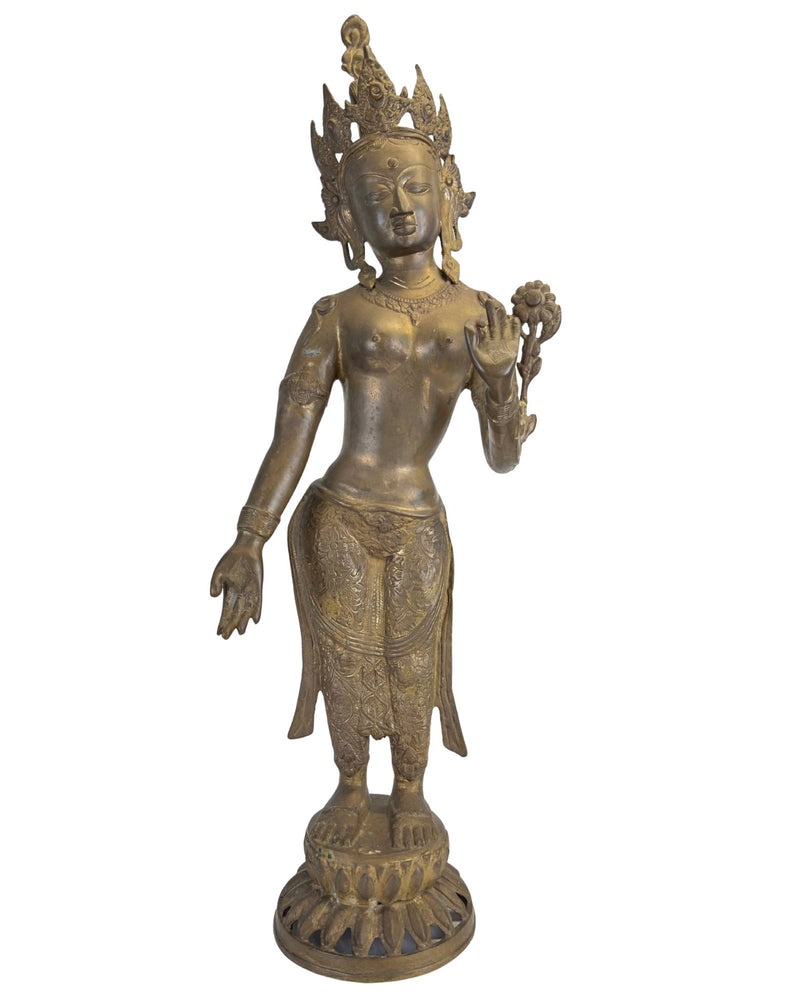 Tara verte (Syama Tara) monumentale en bronze doré au feu – Népal – XIXe siècle – 78 cm - Statue de Bouddha Nepalaise